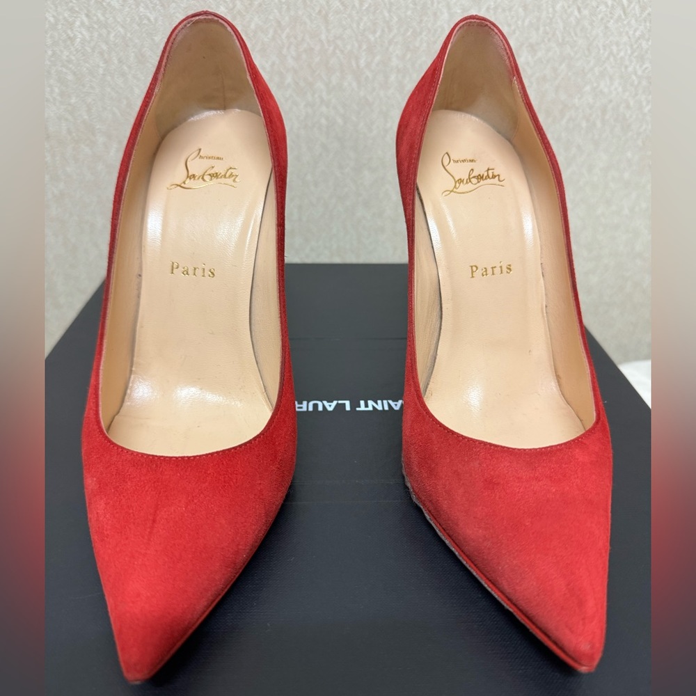 Christian Louboutin Alminette 100 Loubi Red Suede Pointed Classic Heel Pump 38.5